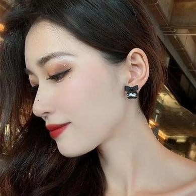 Black Bow Stud Earrings Crystal Base