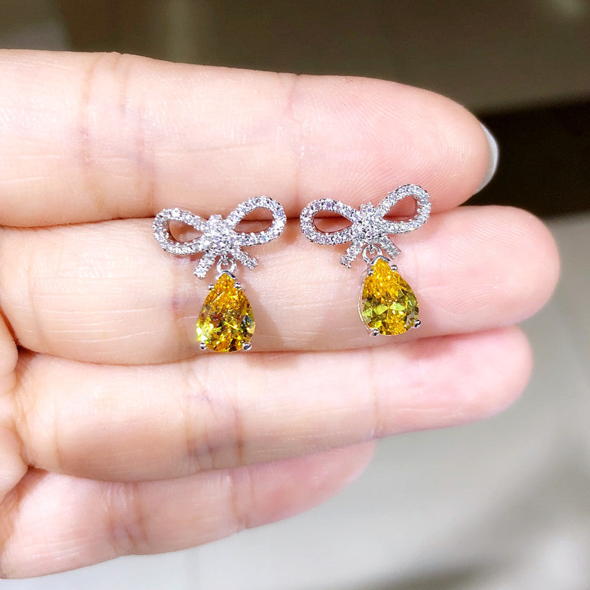 Bow Earrings with Pink Zircon for Women