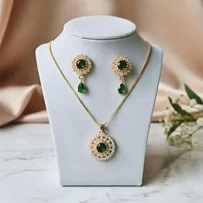 Green Zircon Pendant & Earrings Set Gold Plated for Women