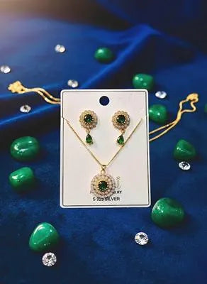Green Zircon Pendant & Earrings Set Gold Plated for Women