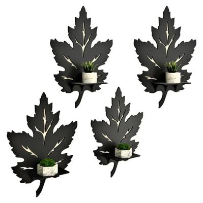 4Pcs 3D Black Leaf Wall Shelves MDF Decor