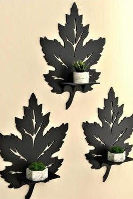 4Pcs 3D Black Leaf Wall Shelves MDF Decor