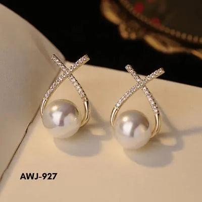 Cross Zircon Pearl Earrings Silver Gold Set