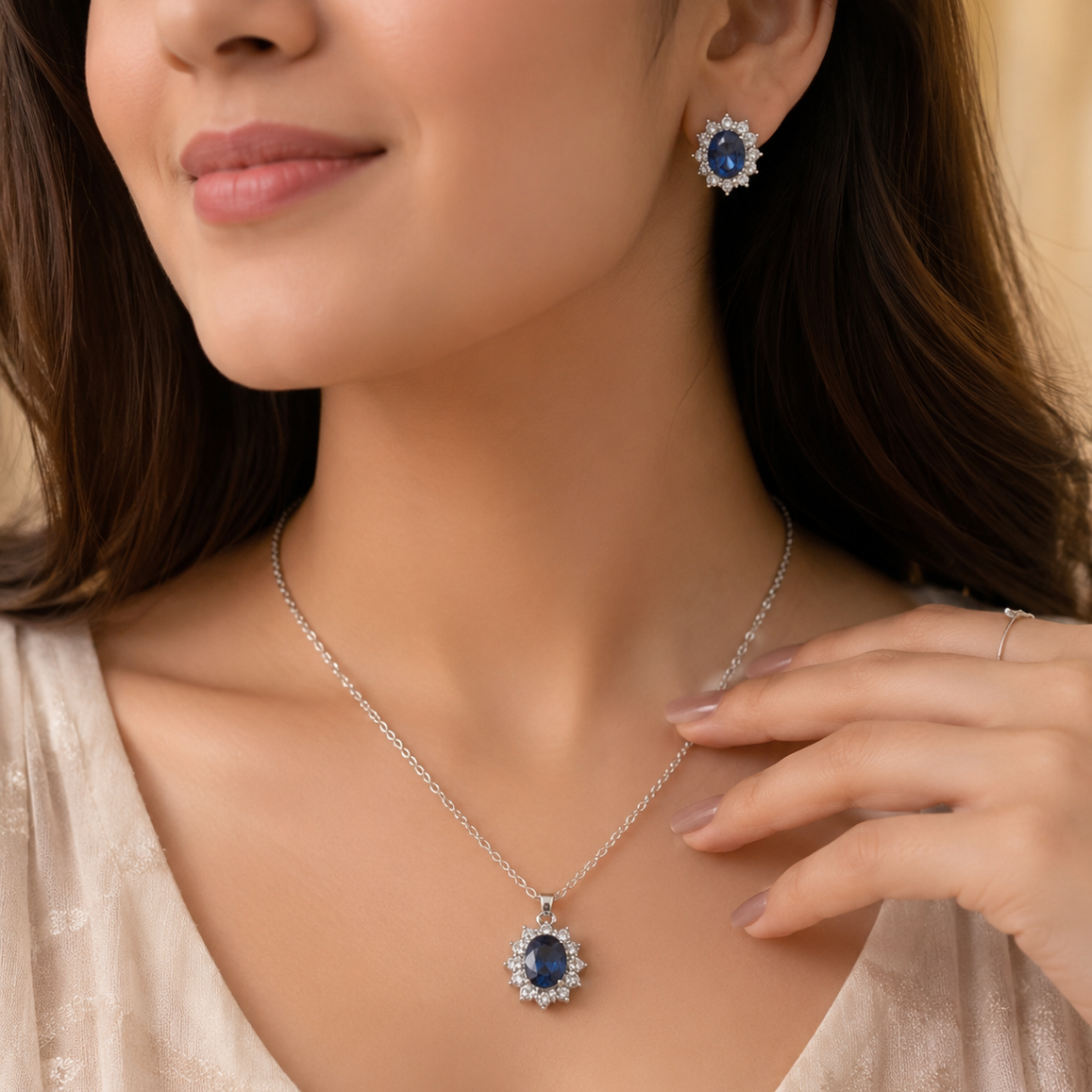Blue Zircon Pendant & Earrings Set Silver Plated