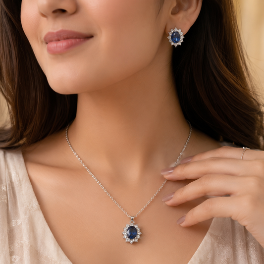 Blue Zircon Pendant & Earrings Set Silver Plated