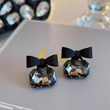 Black Bow Stud Earrings Crystal Base