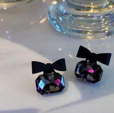 Black Bow Stud Earrings Crystal Base