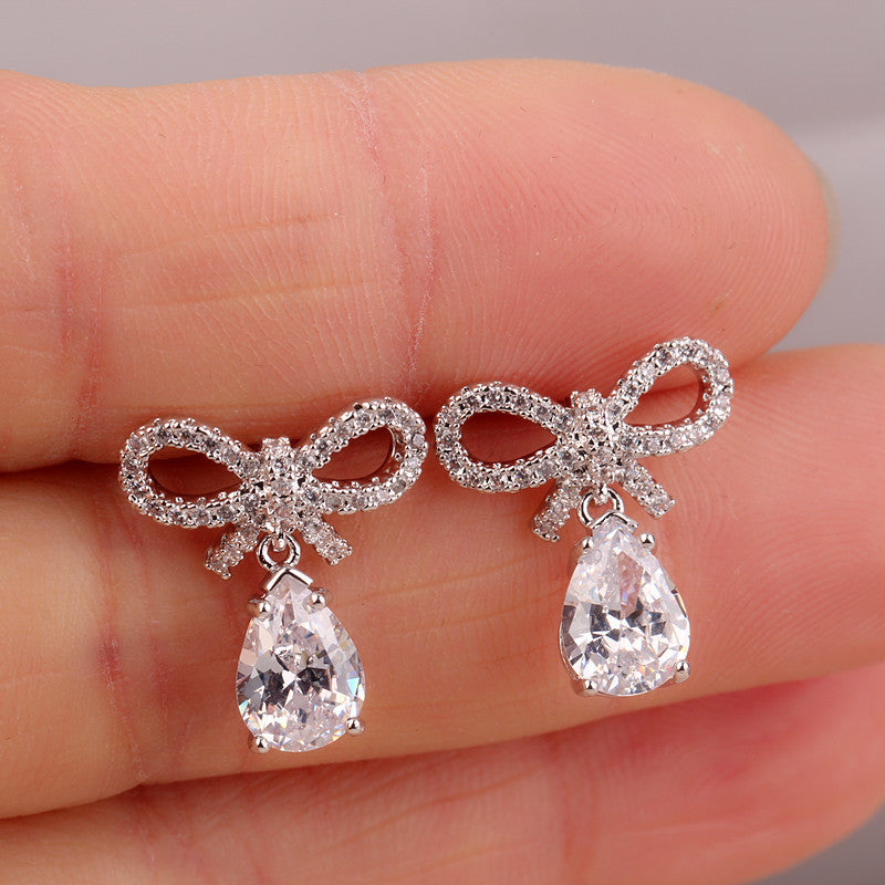 Bow Earrings with Pink Zircon for Women